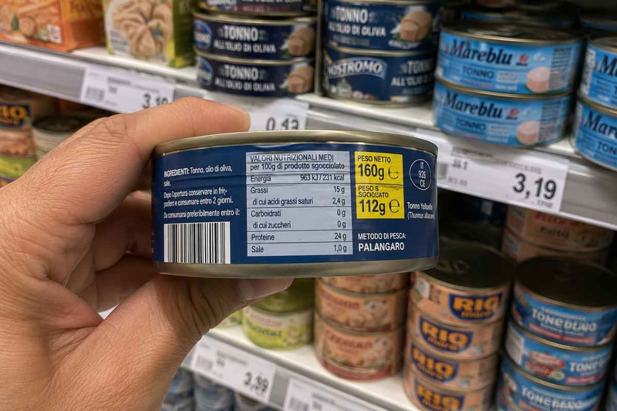Una scatoletta di tonno con etichetta che indica specie, taglio e metodo di pesca, in un supermercato