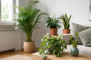 Angolo soggiorno luminoso con piante da interno: pothos sul tavolino, bambù, spatifillo, sansevieria e palma