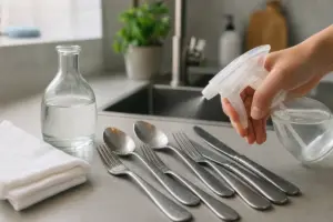 Mano che spruzza liquido su posate in acciaio su un piano cucina, con bottiglia di aceto e panno bianco vicino al lavello