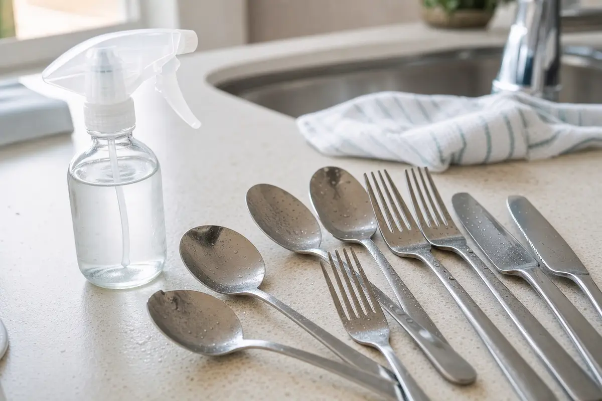 Spruzzino trasparente con aceto e posate in acciaio con gocce d’acqua su un piano cucina vicino al lavello