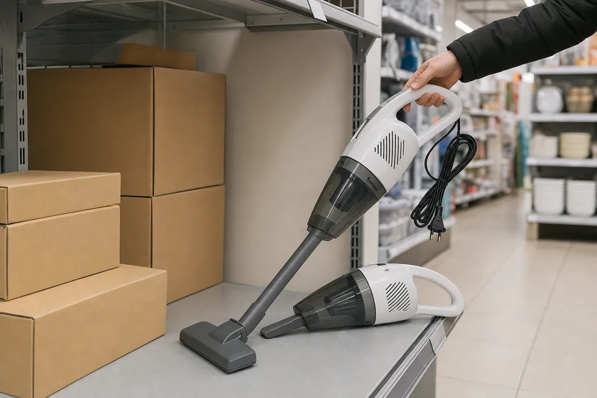 Aspirapolvere 2 in 1 con cavo su uno scaffale di negozio, con mano che lo impugna e scatole di cartone accanto