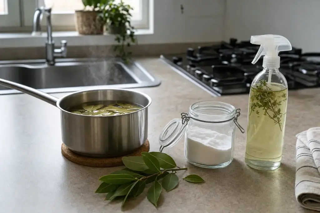 Pentolino con foglie di alloro in infusione, barattolo di bicarbonato e spruzzino su un piano cucina