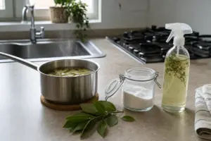 Pentolino con foglie di alloro in infusione, barattolo di bicarbonato e spruzzino su un piano cucina