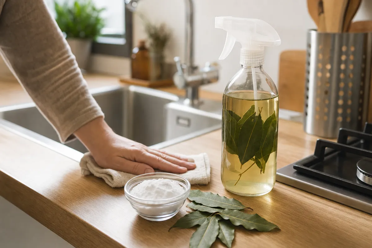 Mano che pulisce il piano cucina con panno, accanto a flacone spray con infuso e foglie di alloro e ciotola di bicarbonato