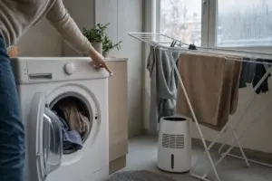 Mano che seleziona la centrifuga sulla lavatrice con sportello aperto, stendino con asciugamani e deumidificatore