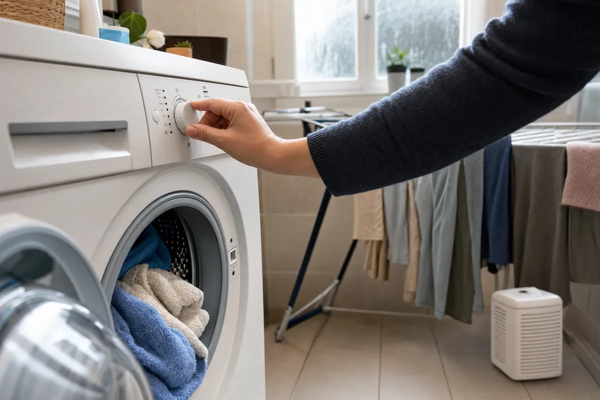 Mano che seleziona la centrifuga sulla lavatrice con oblò aperto e bucato sullo stendino vicino alla finestra