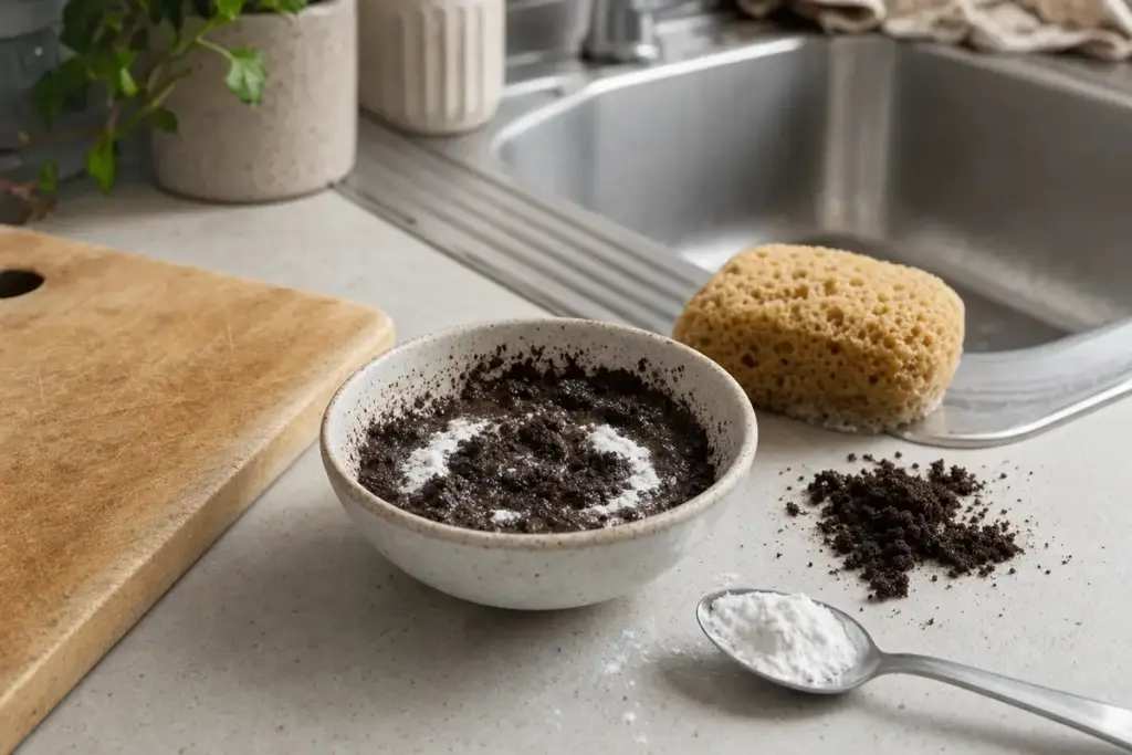 Ciotola con fondi di caffè e bicarbonato in pasta, con spugna, cucchiaio e lavello sullo sfondo