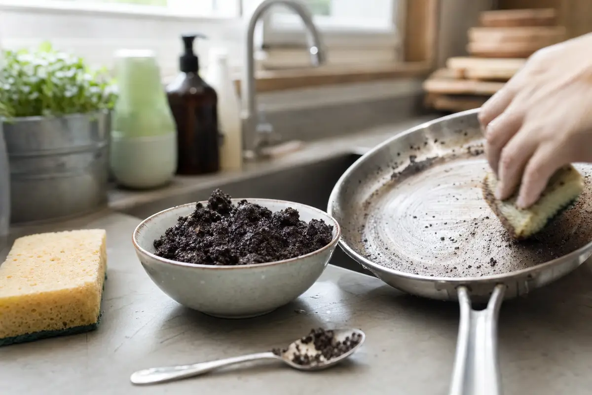Ciotola con fondi di caffè e bicarbonato e mano che strofina una padella con una spugna sul piano cucina
