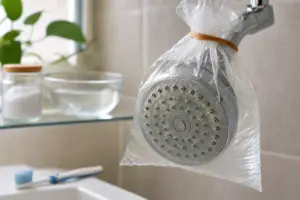 Soffione della doccia con deposito di calcare in ammollo in un sacchetto con soluzione, fissato con elastico