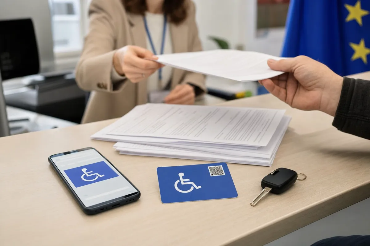 Scrivania in ufficio pubblico con documenti, smartphone e tessera blu con simbolo disabilità e QR accanto a una chiave auto