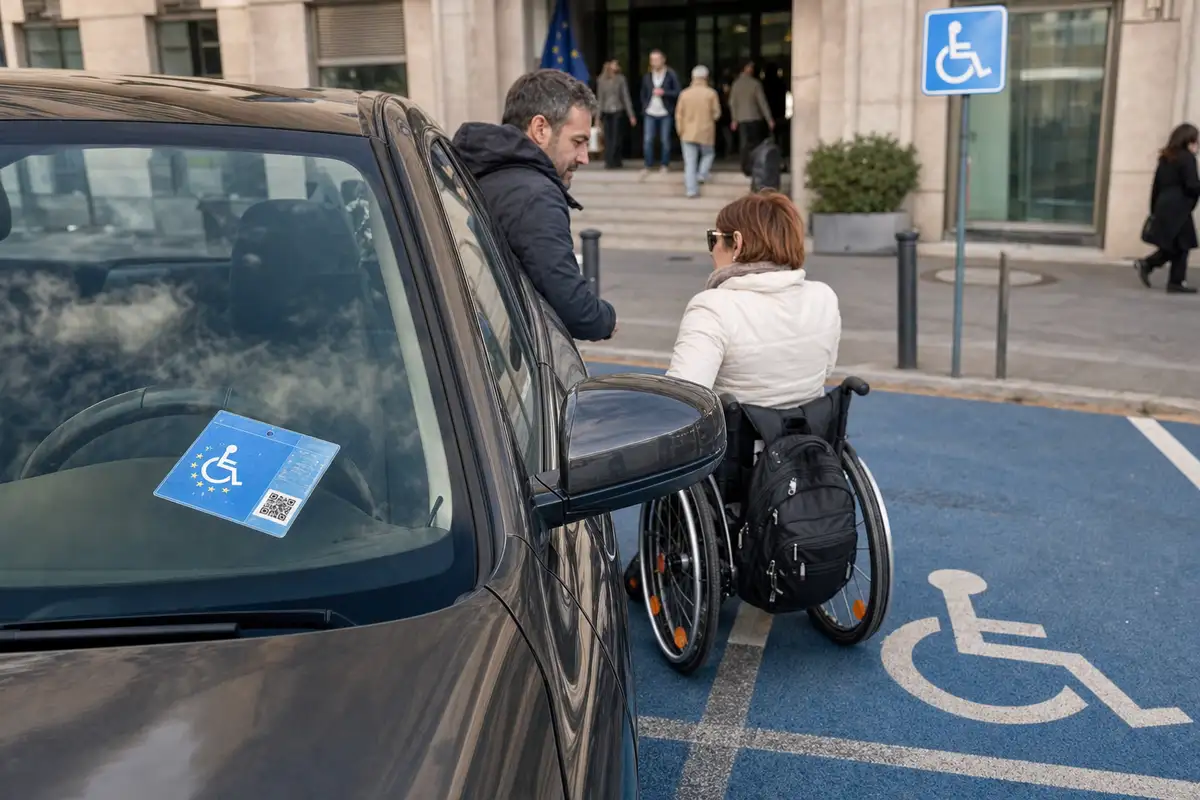 Persona disabile con documento europeo di disabilità, in attesa di servizio in un’area pubblica