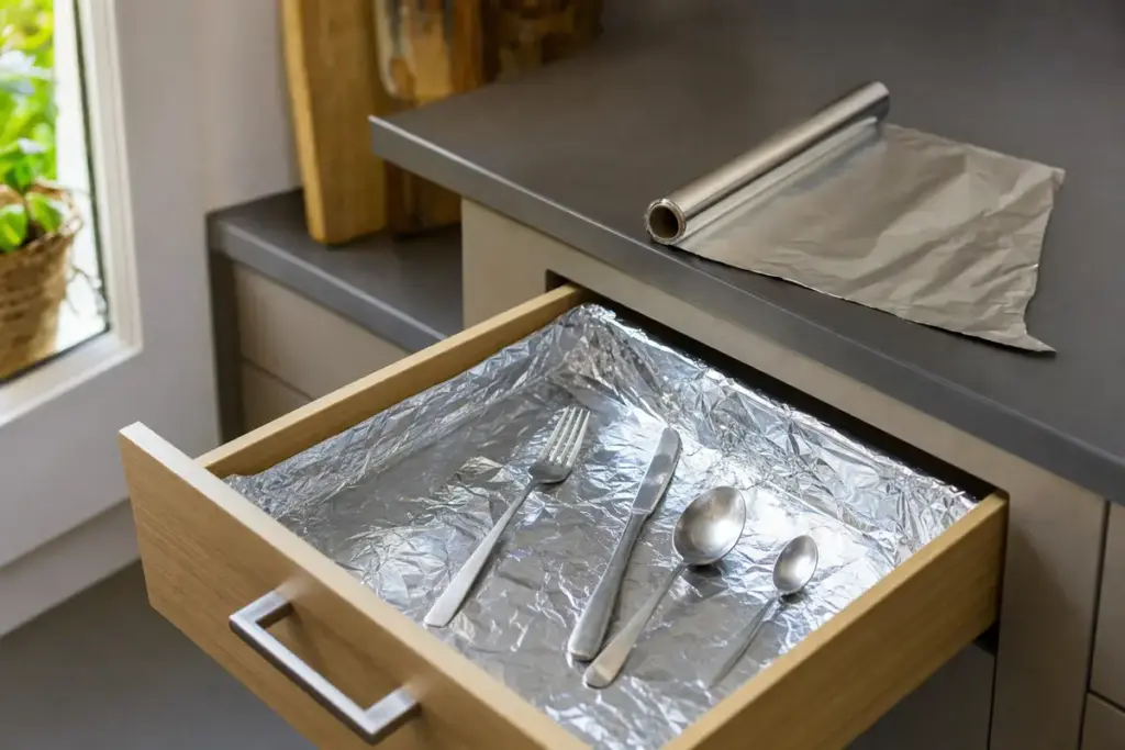 Cassetto della cucina rivestito con carta stagnola, con posate appoggiate sopra e rotolo di alluminio sul piano