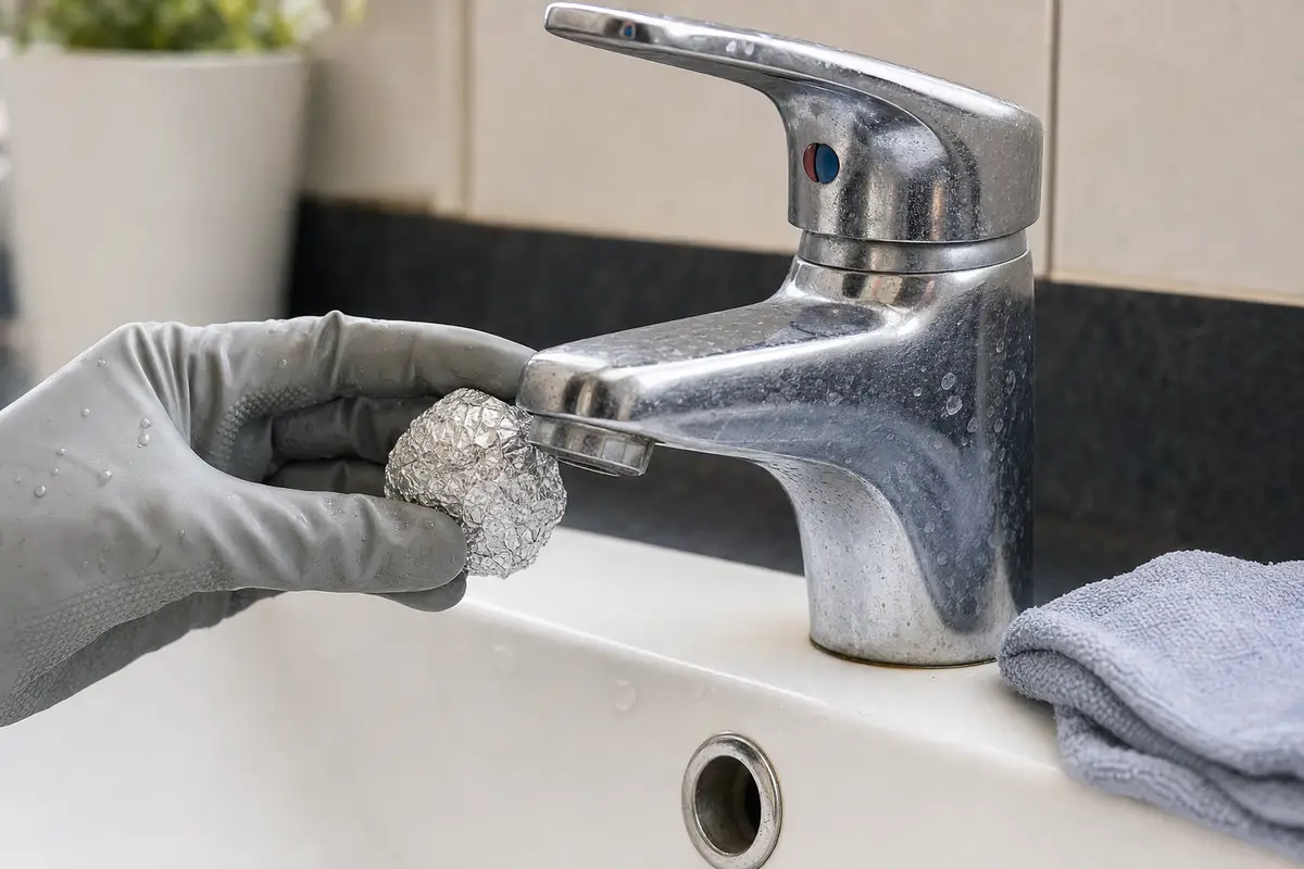 Mano con guanto che pulisce un rubinetto cromato con una pallina di carta stagnola, panno in microfibra sul lavabo