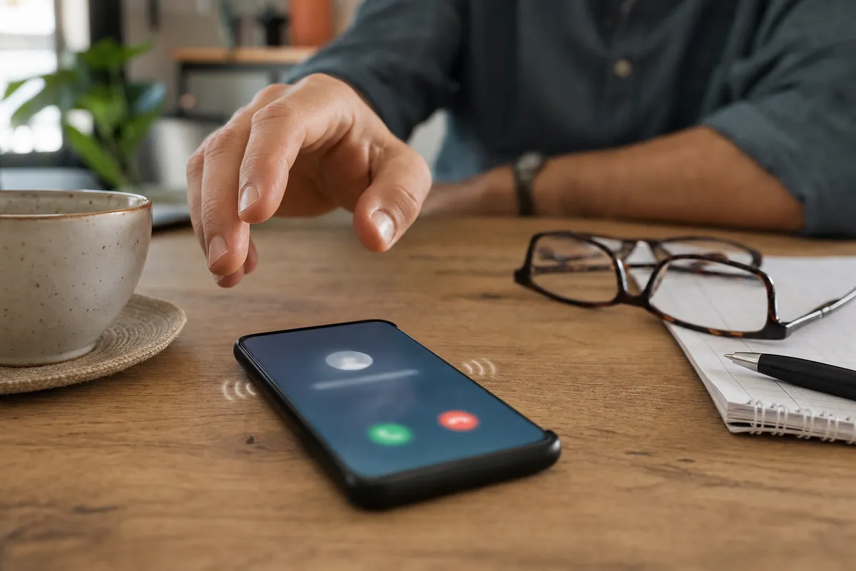 Smartphone che vibra per una chiamata in arrivo su un tavolo, con mano esitante, tazza, occhiali e taccuino