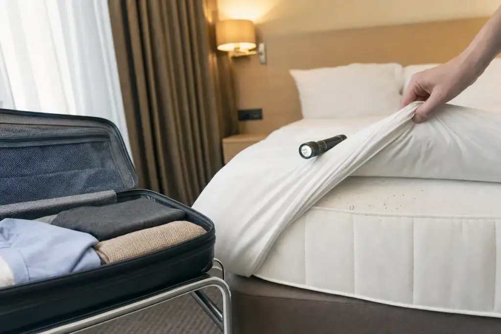 Valigia aperta su portabagagli e controllo del materasso in una camera d’hotel con torcia e piccole macchie