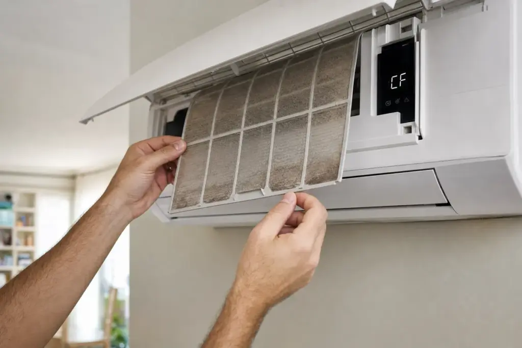 Mani rimuovono un filtro polveroso da un condizionatore a parete con codice CF sul display