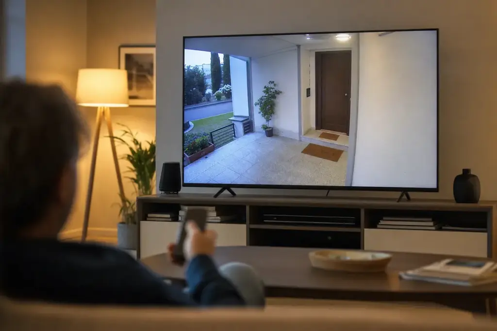 Smart TV in salotto che mostra la ripresa di una videocamera su un ingresso di casa, con persona sfocata sul divano