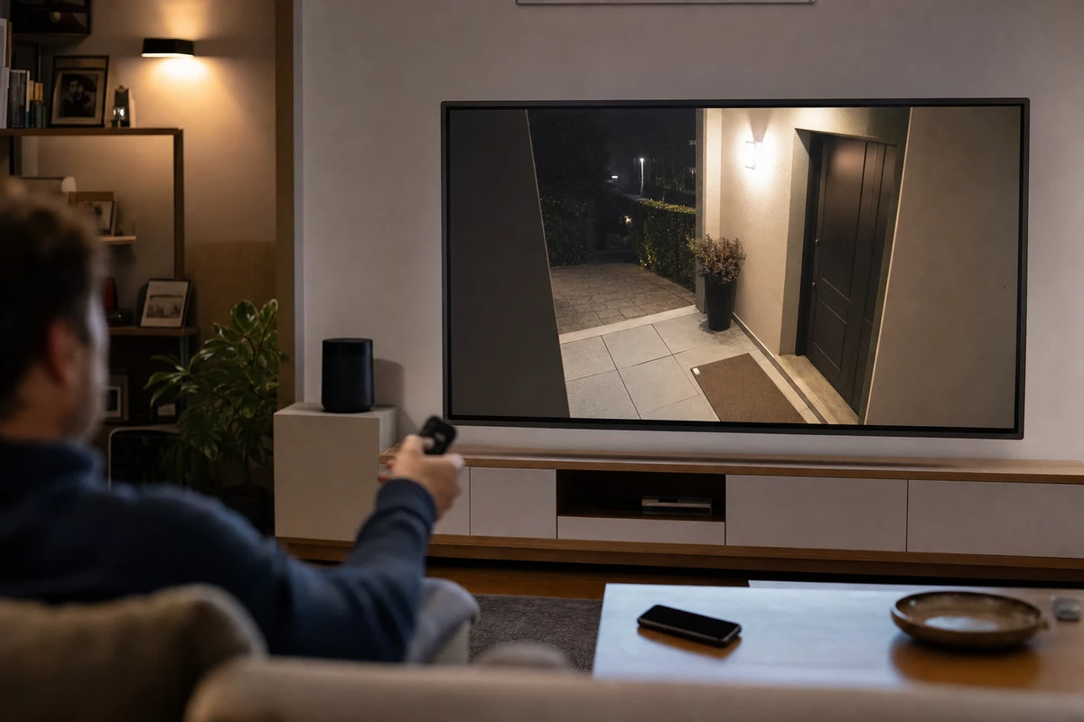 Persona sul divano con telecomando mentre una smart TV mostra il feed di una videocamera sull’ingresso di casa