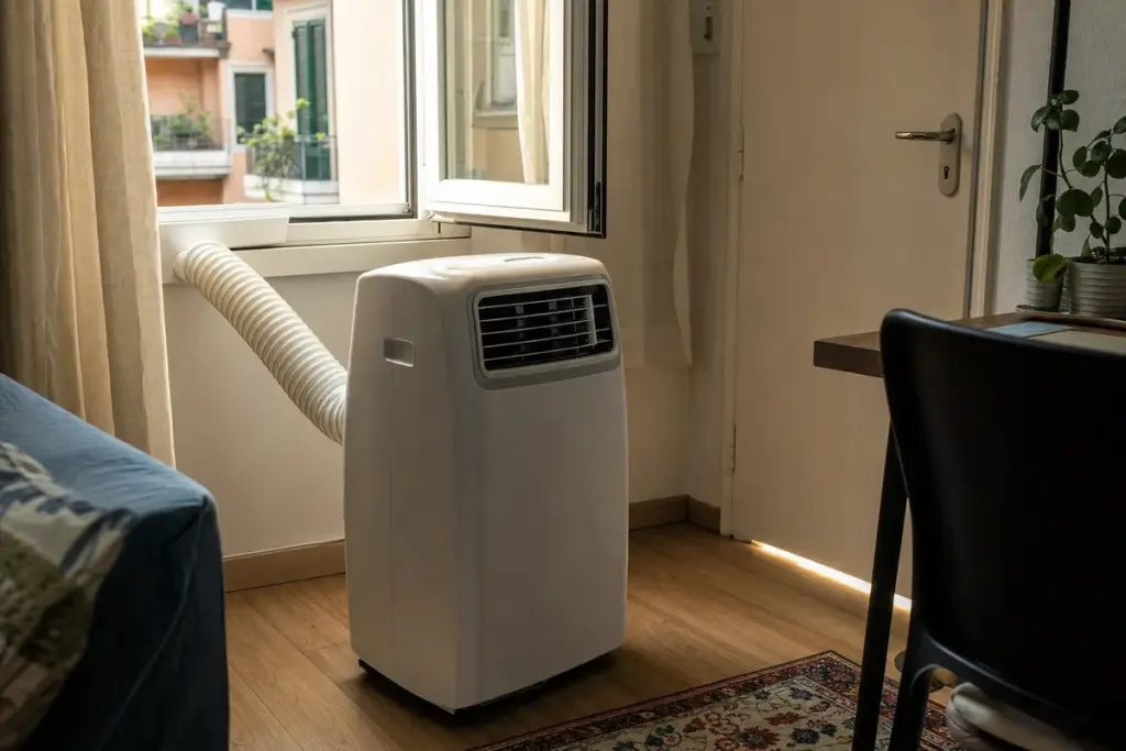 Condizionatore portatile con tubo di scarico collegato a una finestra socchiusa in un soggiorno