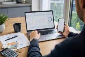 Persona al tavolo con laptop e smartphone su schermata bancaria, documenti, calcolatrice e banconote in euro