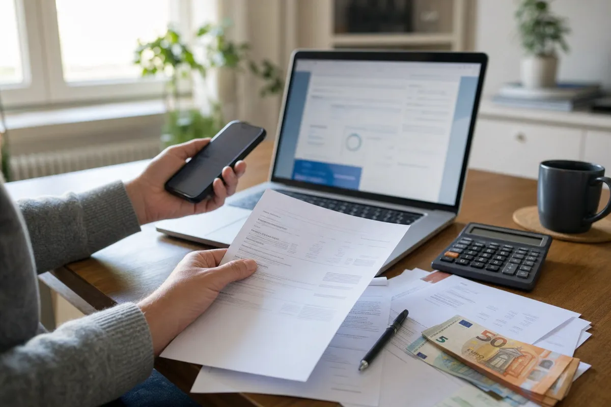 Mani al tavolo con documenti, smartphone e laptop, accanto a calcolatrice, penna e banconote in euro