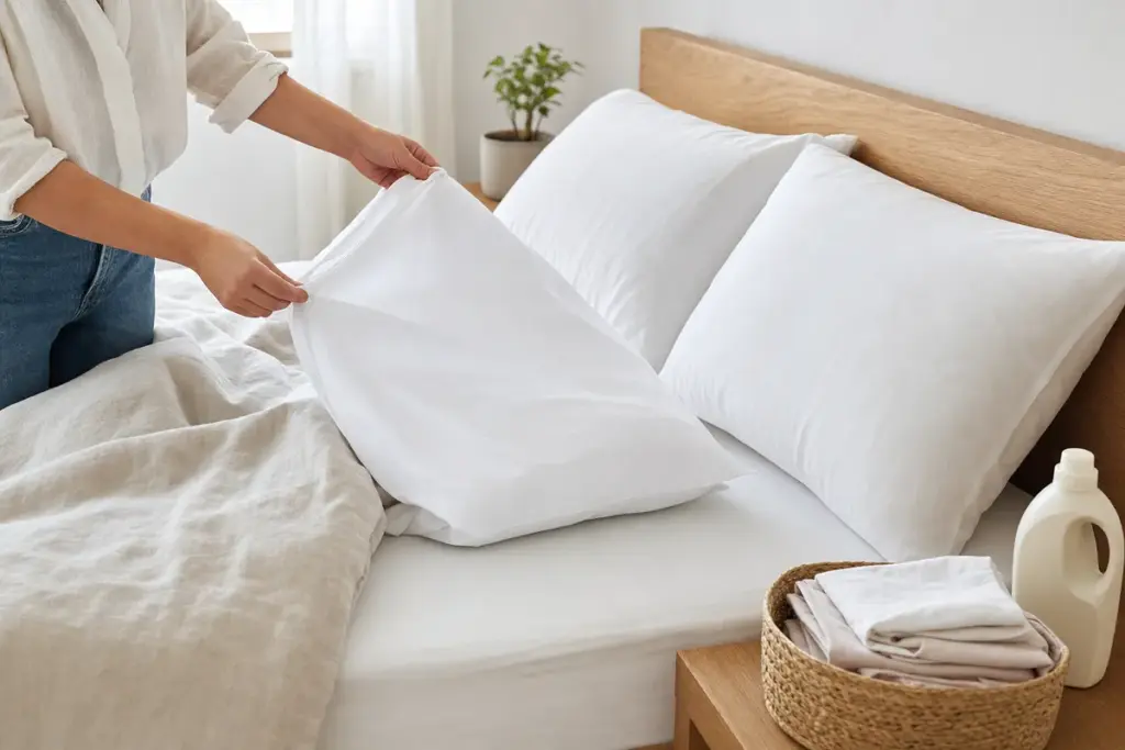 Mani che cambiano una federa bianca su un letto ordinato, con cesto di biancheria pulita e detersivo accanto