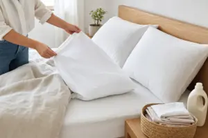 Mani che cambiano una federa bianca su un letto ordinato, con cesto di biancheria pulita e detersivo accanto