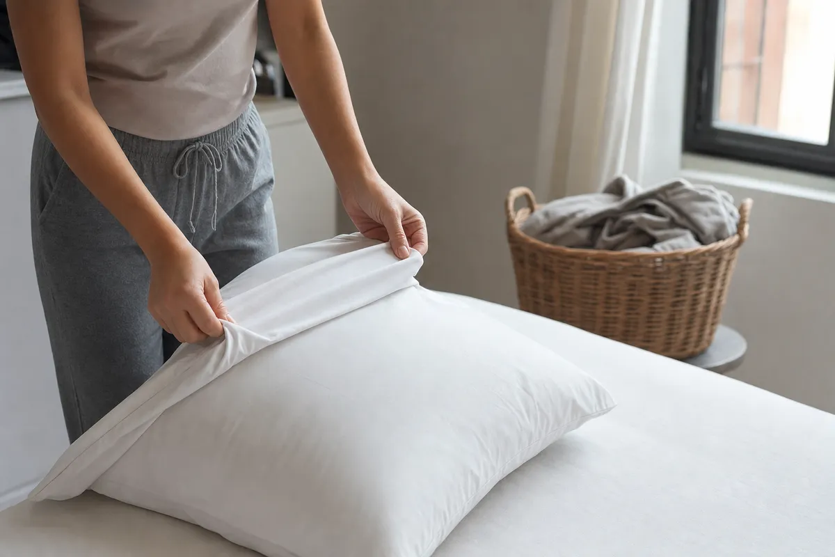 Mani che infilano una federa bianca su un cuscino su letto, con cesto di biancheria sullo sfondo