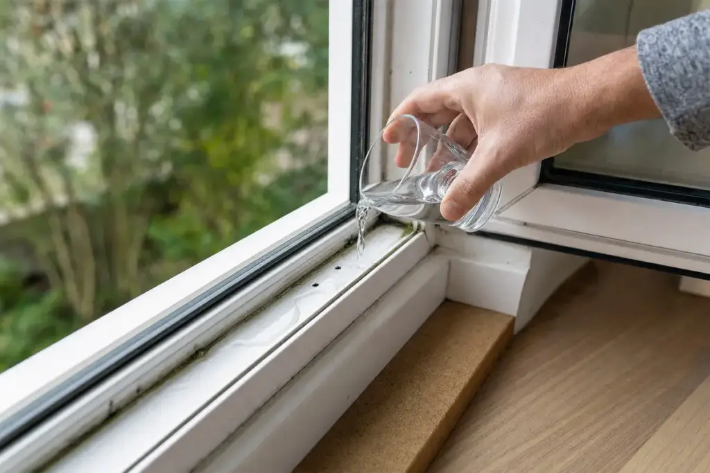 Mano versa acqua in un bicchiere nel binario inferiore di una finestra in PVC con fori di drenaggio visibili