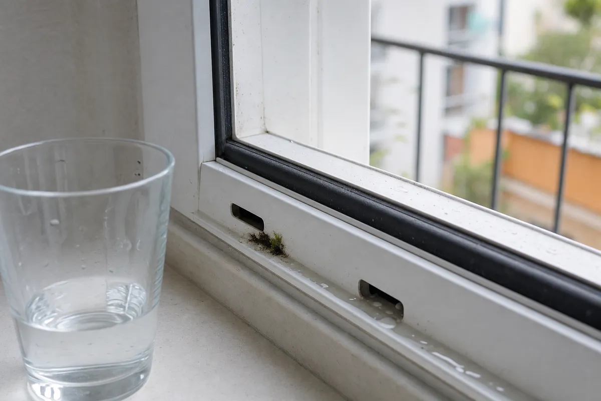 Binario inferiore di finestra in PVC con fori di drenaggio, acqua che ristagna e un po’ di sporco vicino alle feritoie