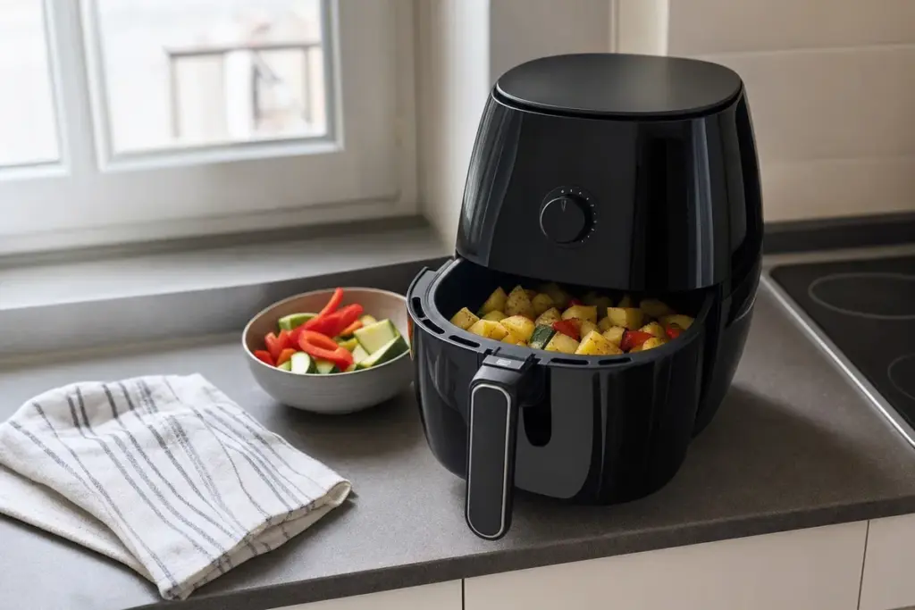 Friggitrice ad aria compatta nera su piano cucina, cestello aperto con patate a cubetti e verdure