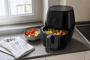 Friggitrice ad aria compatta nera su piano cucina, cestello aperto con patate a cubetti e verdure