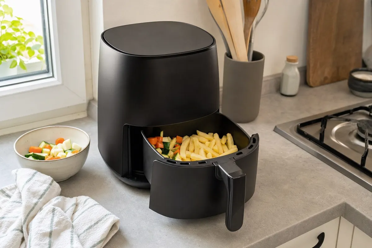 Friggitrice ad aria compatta nera con cestello aperto e patatine e verdure su piano cucina