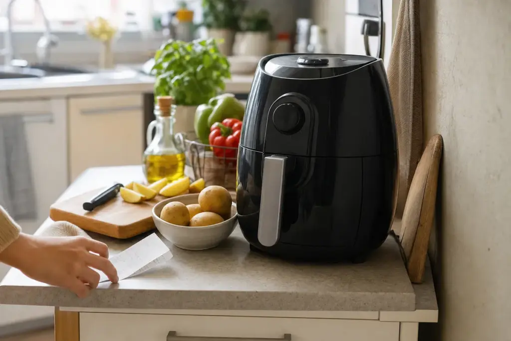 Friggitrice ad aria nera su piano cucina affollato con patate, bottiglia d’olio, verdure e scontrino in mano