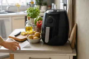 Friggitrice ad aria nera su piano cucina affollato con patate, bottiglia d’olio, verdure e scontrino in mano