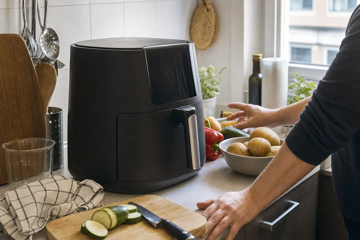 Friggitrice ad aria ingombrante su un piano cucina affollato con patate, verdure, tagliere e mani in primo piano