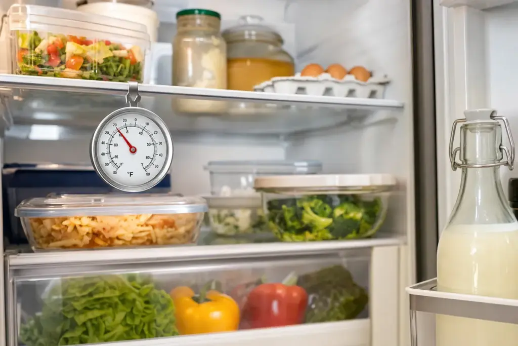 Termometro analogico appeso nel frigorifero aperto, con contenitori di cibo, uova, verdure e latte sullo sportello