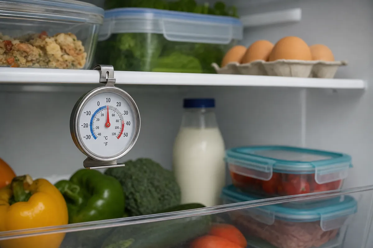 Termometro analogico nel frigorifero con alimenti conservati, latte, uova e verdure