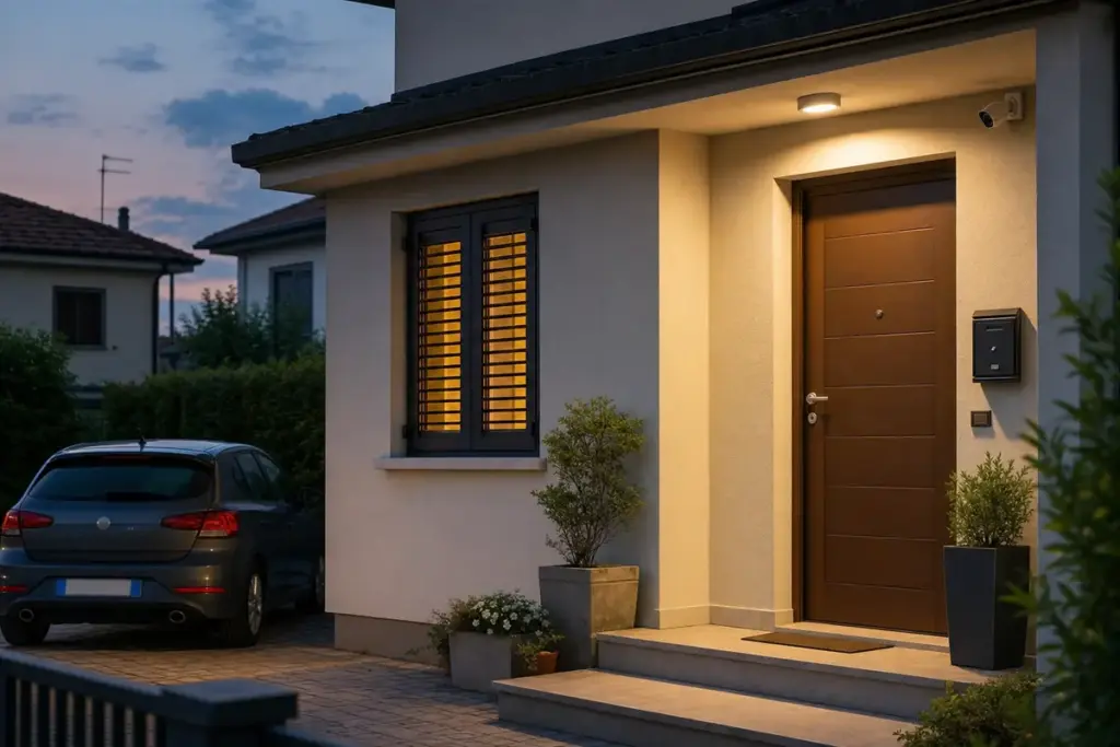 Ingresso di casa moderna al tramonto con luce esterna accesa, telecamera di sicurezza, persiane chiuse e auto nel vialetto