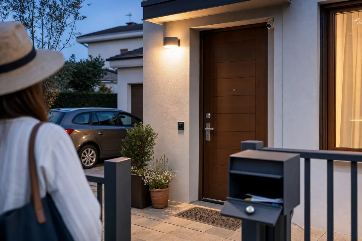 Ingresso di casa al crepuscolo con porta blindata, luce esterna accesa, videocamera di sicurezza e cassetta postale