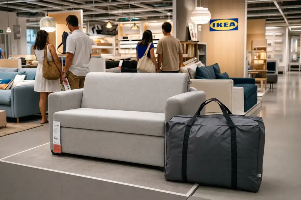 Divano a due posti grigio in showroom Ikea con grande borsa da trasporto nera accanto