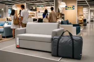 Divano a due posti grigio in showroom Ikea con grande borsa da trasporto nera accanto