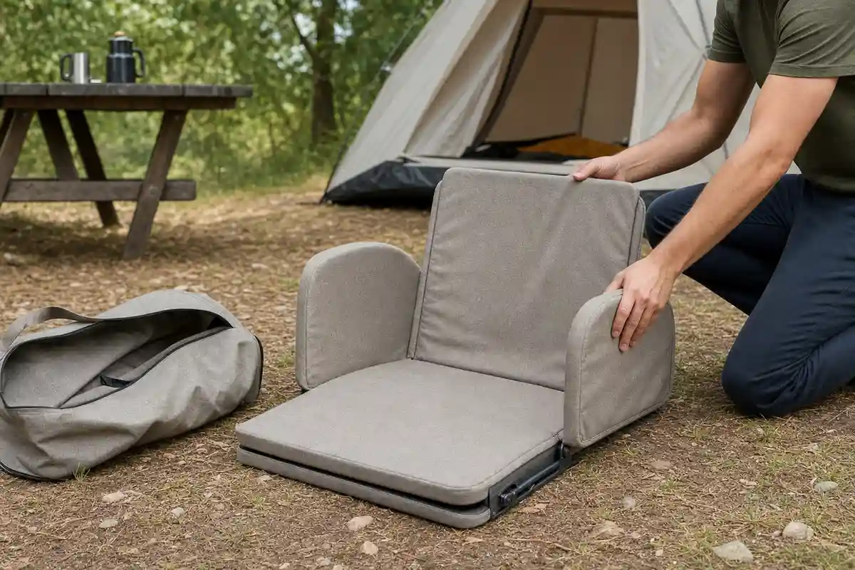 Persona inginocchiata apre un divano pieghevole grigio da una borsa, in un campeggio con tenda e tavolo sullo sfondo