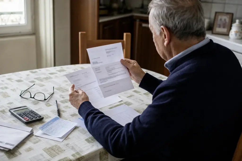 Anziano al tavolo di cucina mentre legge una lettera e documenti, con calcolatrice, penna e occhiali sul tavolo