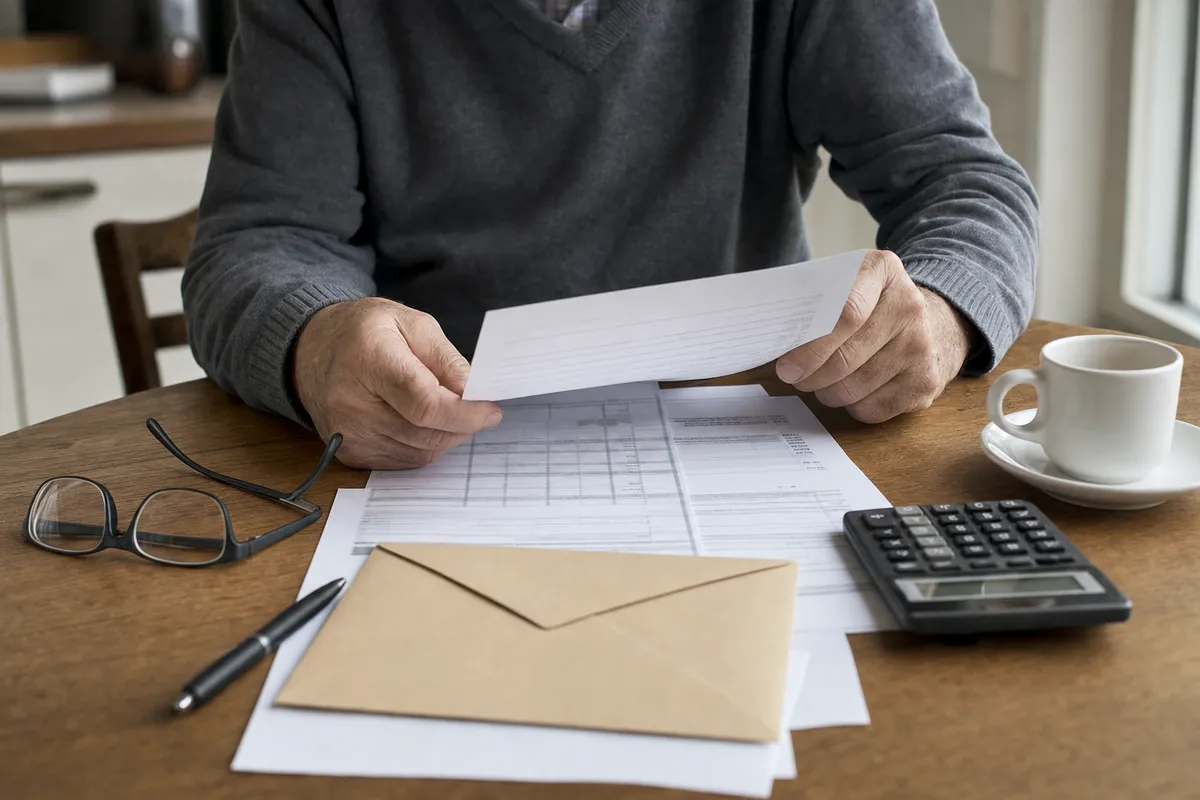 Mani di un pensionato che controlla documenti e una busta sul tavolo, con calcolatrice, occhiali e tazzina di caffè
