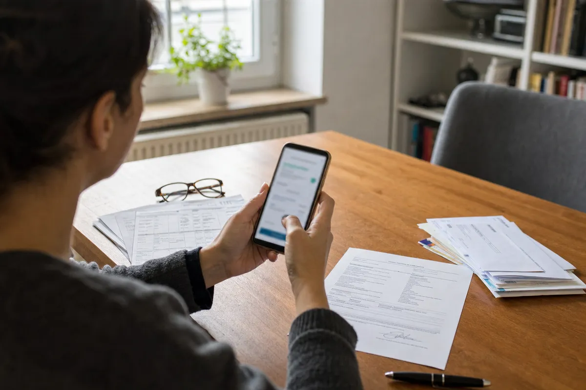 Persona al tavolo controlla l’app bancaria sullo smartphone accanto a bollette e documenti cartacei