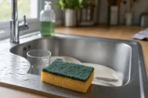 Spugna da cucina usata sul bordo del lavello in acciaio, con gocce d’acqua e piatti sullo sfondo