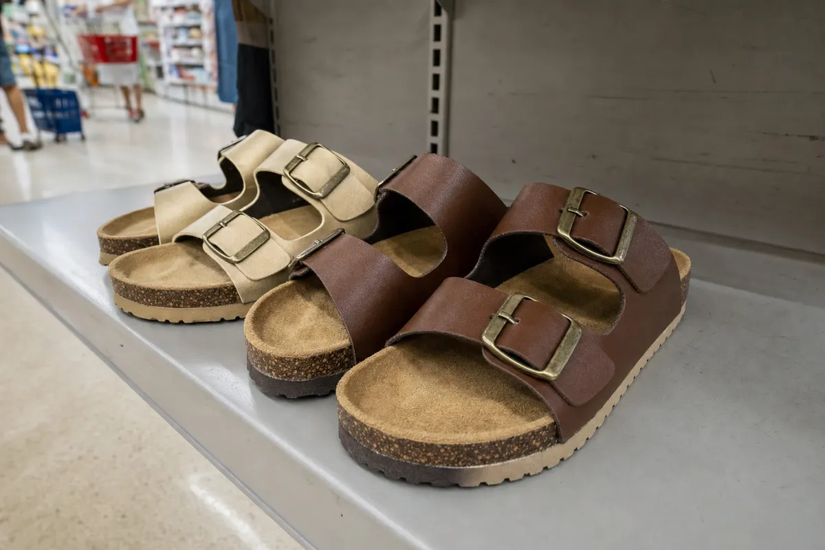 Due paia di sandali a doppia fascia con fibbie, uno marrone e uno beige, su uno scaffale di supermercato
