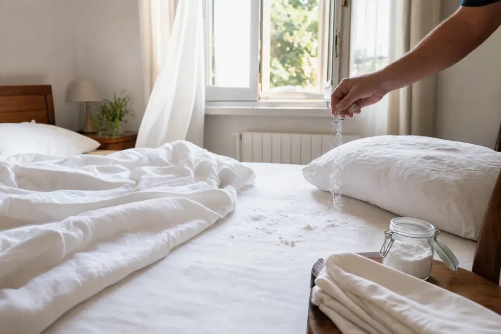 Camera da letto luminosa con lenzuola bianche e una mano che sparge bicarbonato sul materasso vicino al cuscino