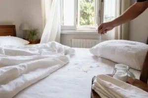Camera da letto luminosa con lenzuola bianche e una mano che sparge bicarbonato sul materasso vicino al cuscino
